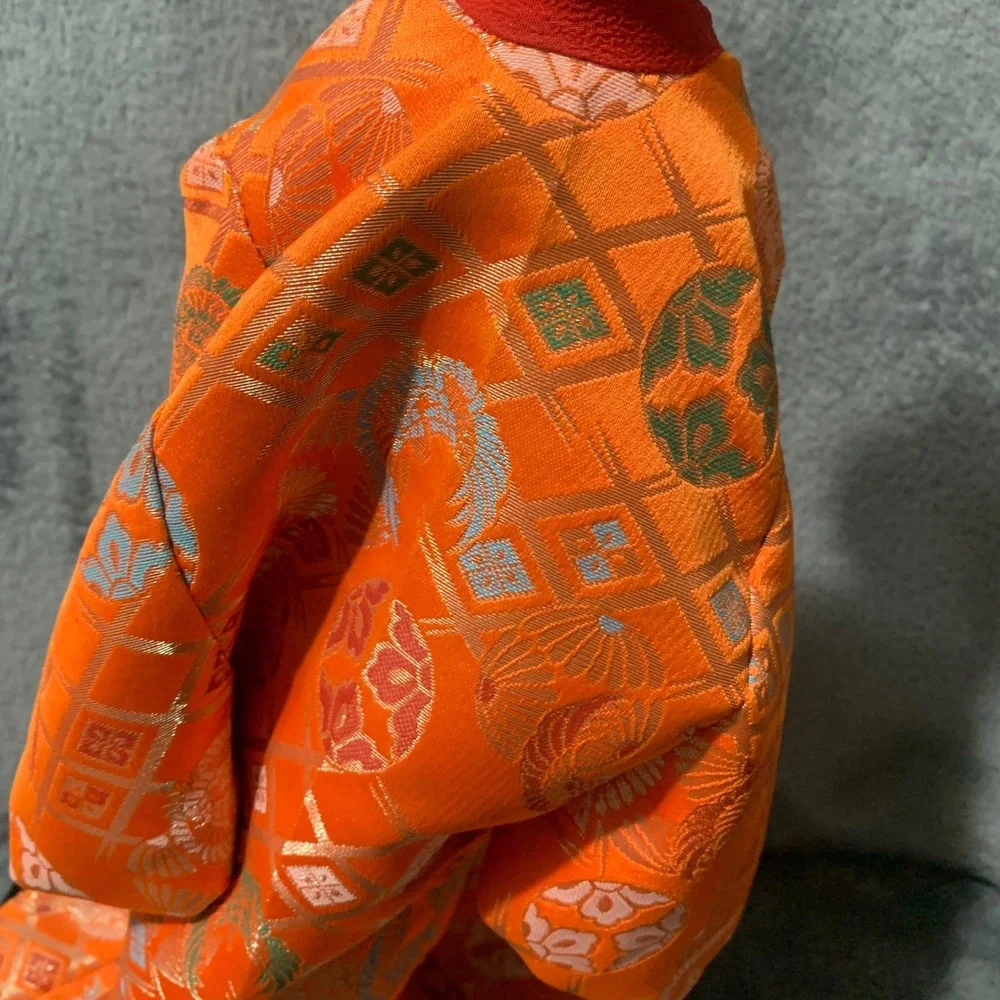 Vintage Japanese Geisha Doll Orange Silk Brocade Kimono Tatami Base 17 Inch